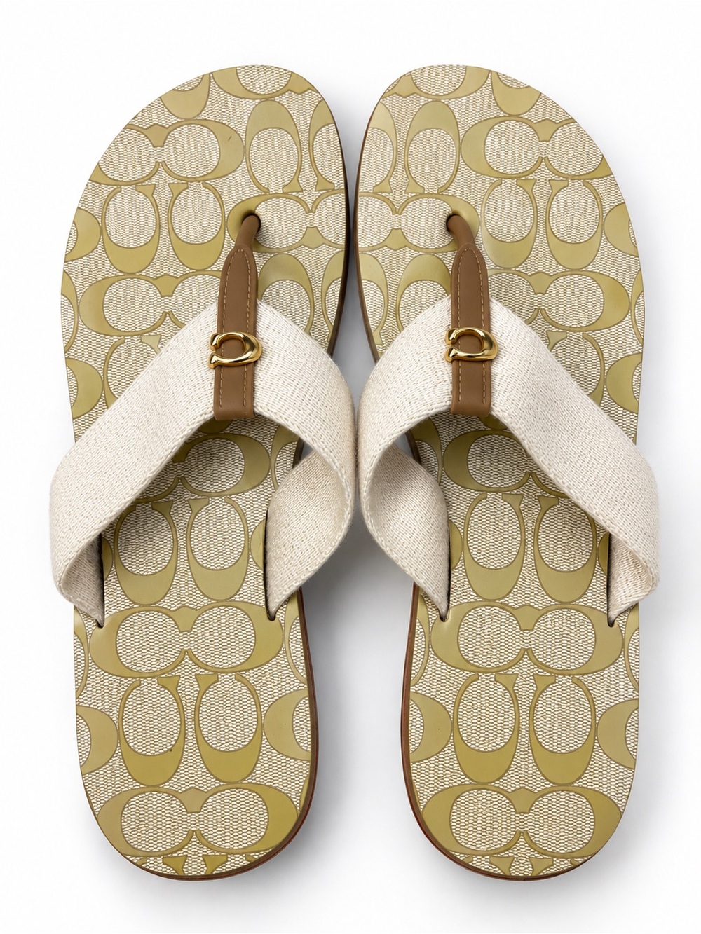 Coach Signature C Logo Canvas Flip Flop Sandals Beige Cream Size 8